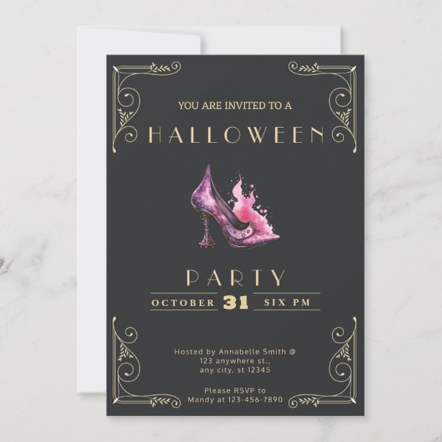 Invitation Chalkboard Black and Gold Witch Stiletto Halloween (Devant)