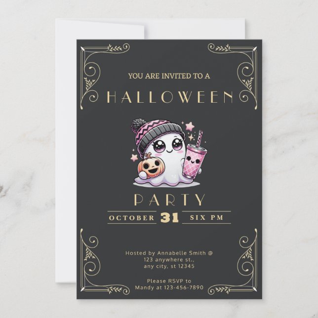 Invitation Chalkboard Black & Gold Ghost Stars Jote Halloween (Devant)