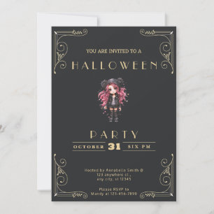 Invitation Chalkboard Black & Gold Gothic Girl Halloween