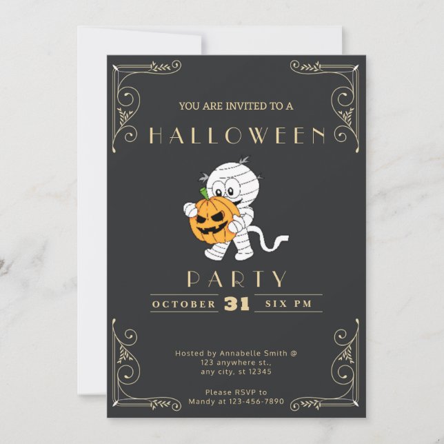 Invitation Chalkboard Black & Gold Mummy & Citrouille Hallowe (Devant)