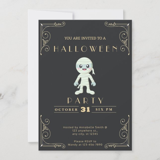 Invitation Chalkboard Black & Gold Mummy Mummy Halloween (Devant)