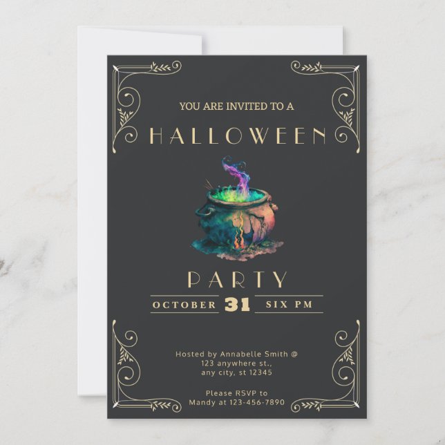 Invitation Chalkboard Black & Gold sorcières Cauldron Hallowe (Devant)