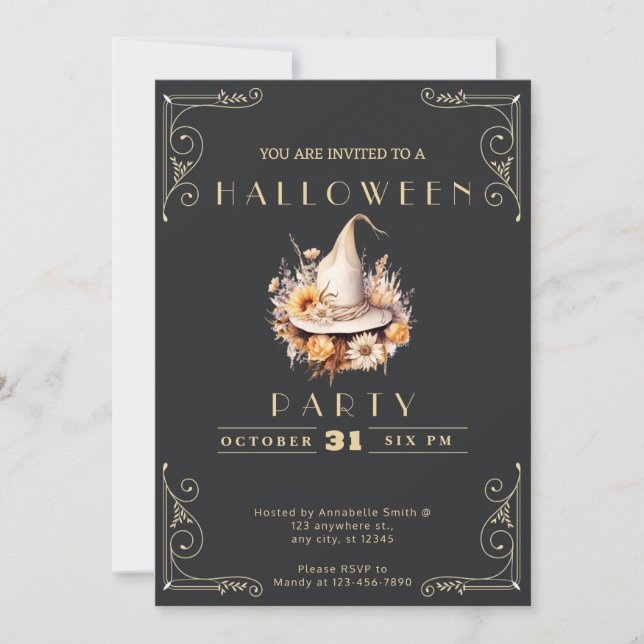 Invitation Chalkboard Black & Gold Witch's Casquette Hallowee (Devant)