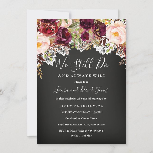 Invitation Chalkboard Bourgogne Floral Mariage Vow Renouvelle (Devant)