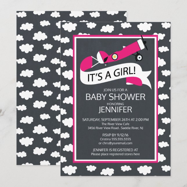 Invitation Chalkboard C'est une fille ! Baby shower des fille (Devant / Derrière)