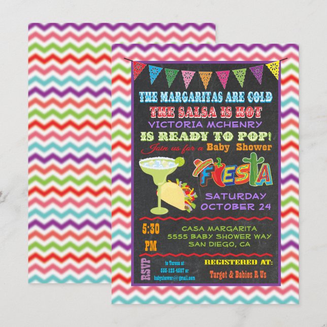 Invitation Chalkboard Chevron Baby shower mexicain Fiesta (Devant / Derrière)