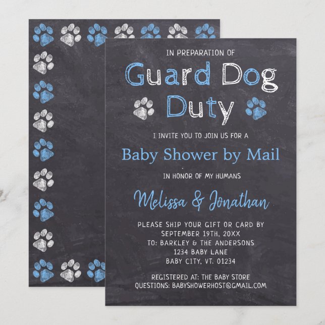 Invitation Chalkboard Chien Bleu Baby shower Garçon Par Mail (Devant / Derrière)