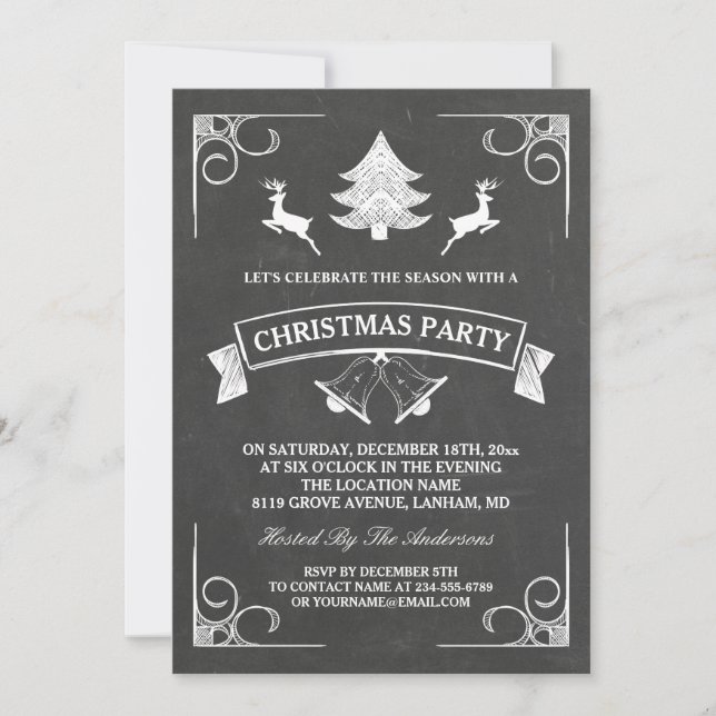Invitation Chalkboard Christmas Deer Tree Bell Fête de Noël (Devant)
