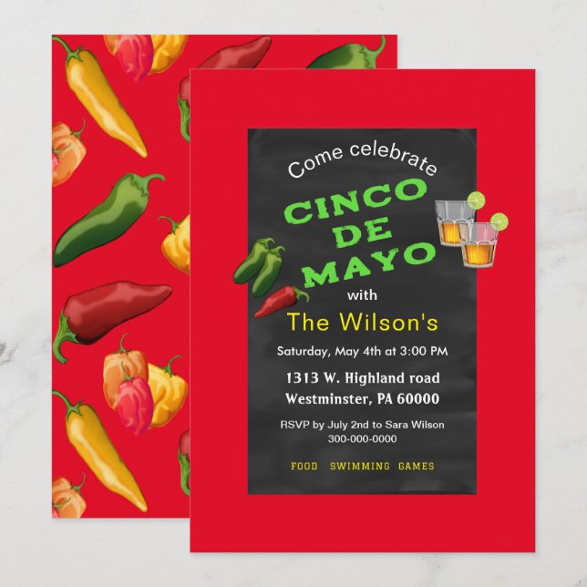 Invitation Chalkboard Cinco de Mayo (Devant / Derrière)