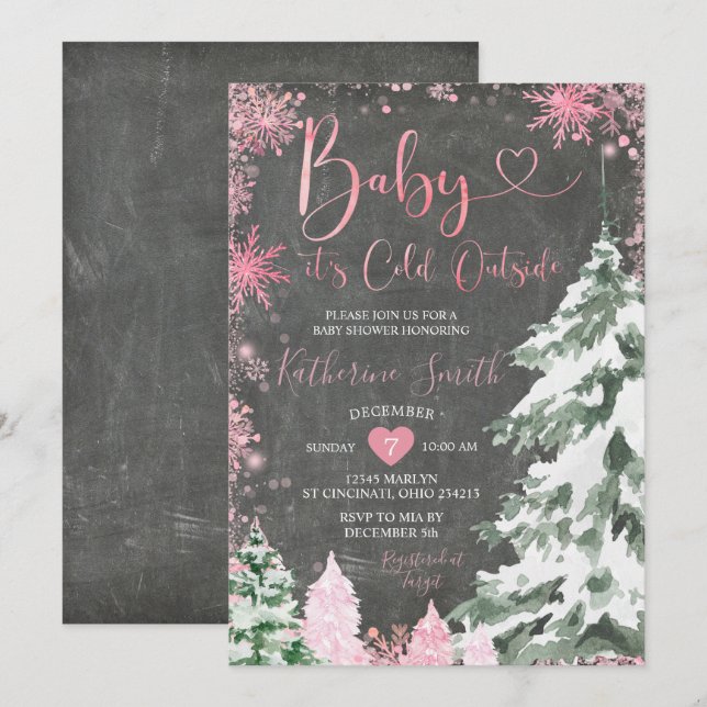 Invitation Chalkboard Cold Baby shower Forest Pink Snowflakes (Devant / Derrière)