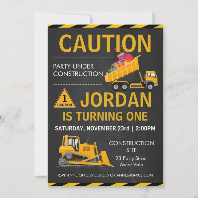 Invitation Chalkboard Construction Anniversaire du parti RSVP (Devant)