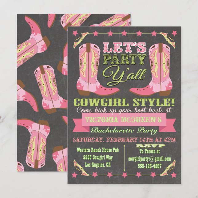 Invitation Chalkboard Cowgirl Western Bachelorte Party (Devant / Derrière)