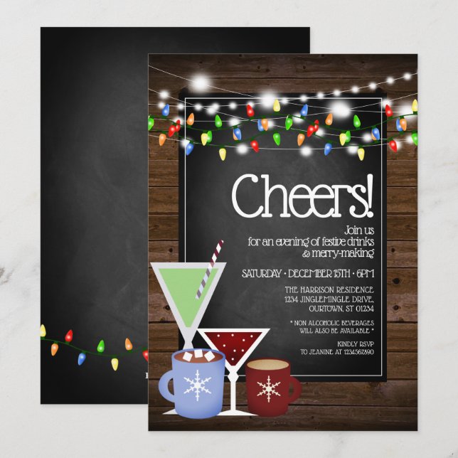 Invitation Chalkboard et Bois Christmas Cocktail Party (Devant / Derrière)