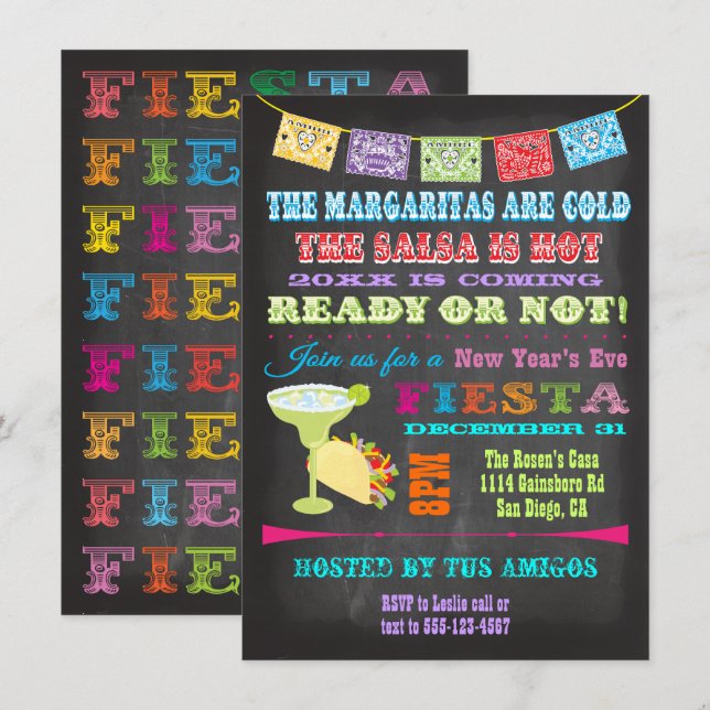 Invitation Chalkboard Fête mexicaine de la Saint-Sylvestre (Devant / Derrière)