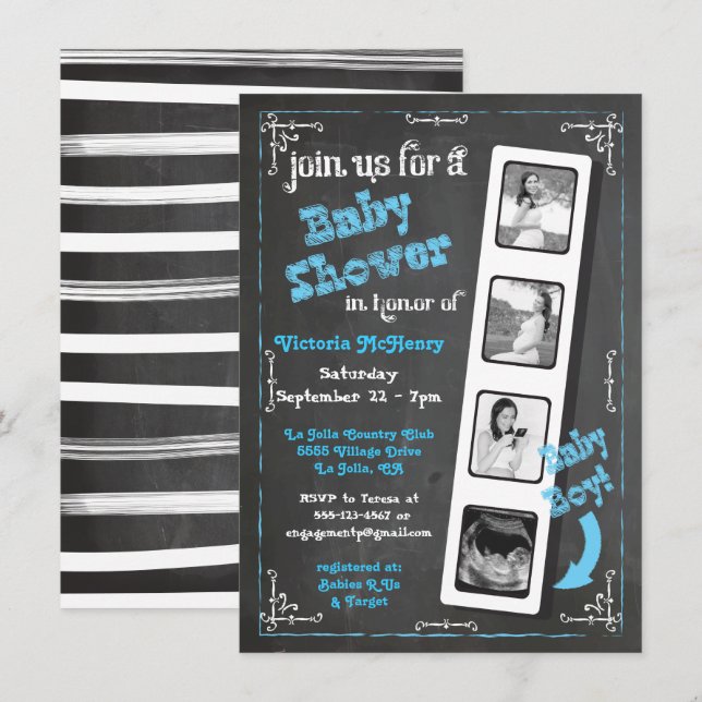 Invitation Chalkboard Film Strip Ultrasound Baby Boy Douche (Devant / Derrière)
