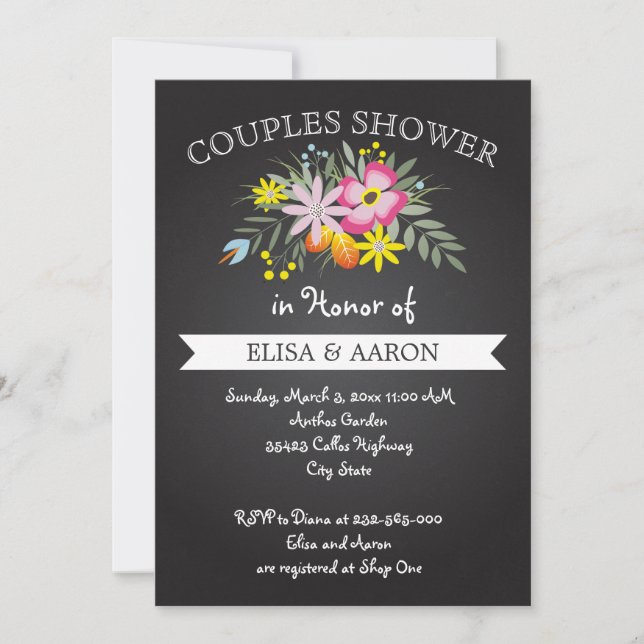Invitation Chalkboard fleurs roses mariages couples douche (Devant)