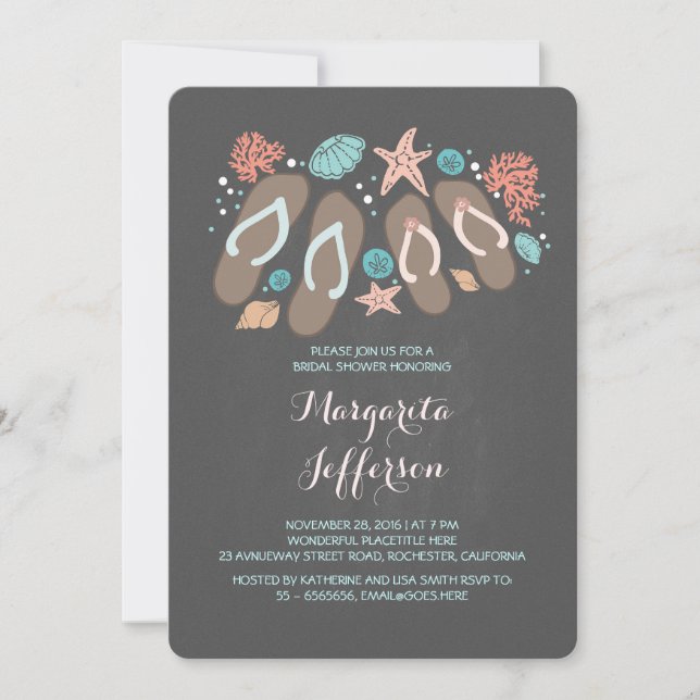Invitation Chalkboard flip flops plage nuptiale douche invita (Devant)
