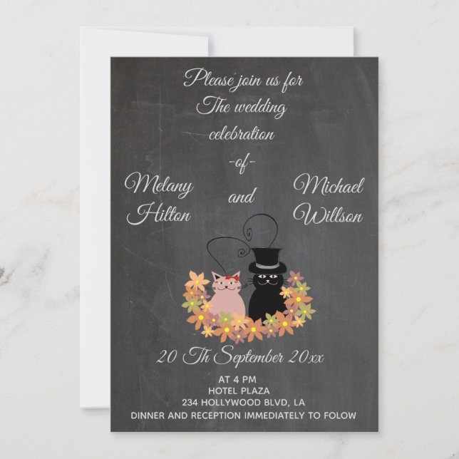 Invitation Chalkboard floral drôle mignon chat couple mariage (Devant)