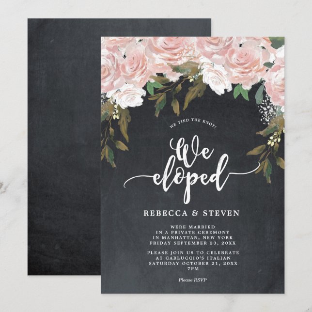 Invitation chalkboard floral moderne nous avons fui l'invitat (Devant / Derrière)
