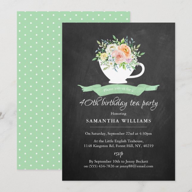 Invitation Chalkboard Floral Tea Party Anniversaire Tea Party (Devant / Derrière)