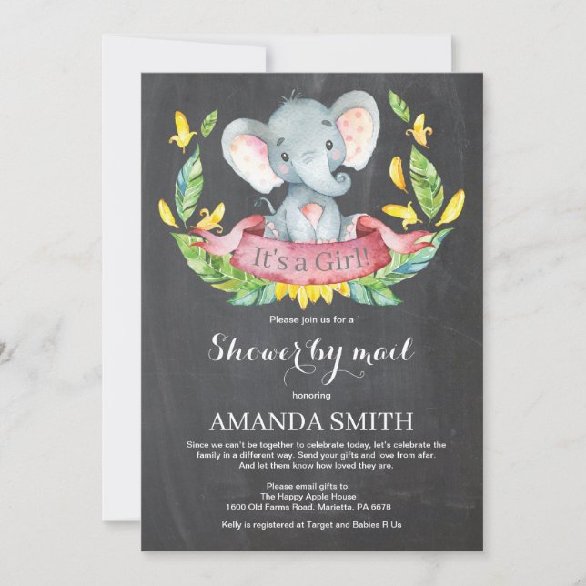 Invitation Chalkboard Girl Elephant Baby shower par courrier (Devant)