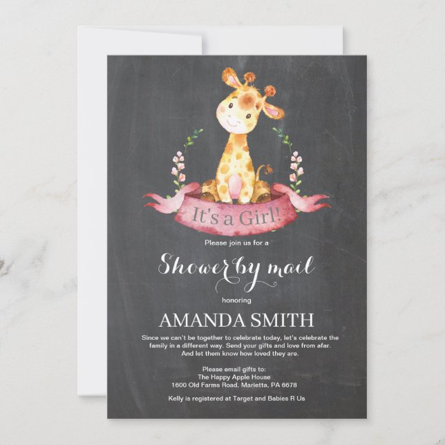 Invitation Chalkboard Girl Giraffe Baby shower par la poste (Devant)