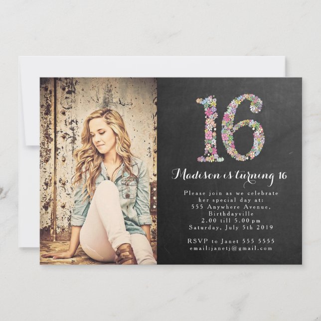 Invitation Chalkboard Girls Floral 16e anniversaire Invitatio (Devant)