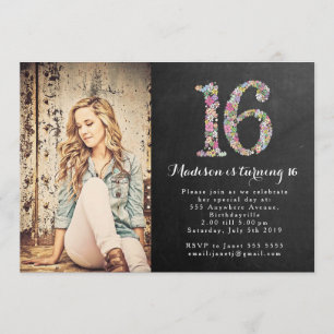 Invitation Chalkboard Girls Floral 16e anniversaire Invitatio