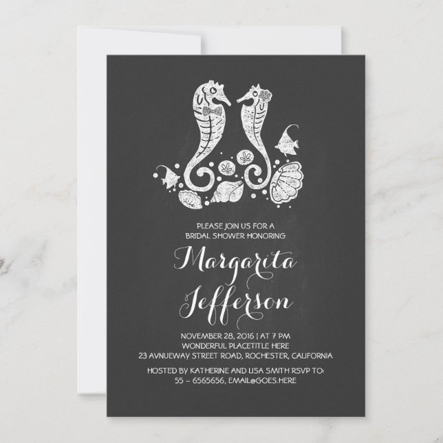 Invitation Chalkboard hippocams plage nuptiale douche invitat (Devant)