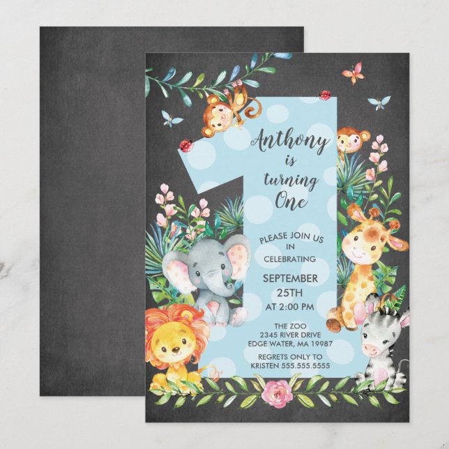 Invitation Chalkboard Jungle Big One Boys Anniversaire Invita (Devant / Derrière)