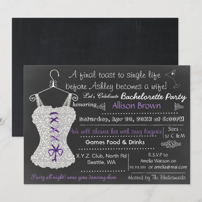 Invitation Chalkboard Lace Lingerie Douche Bachelorette (Devant / Derrière)