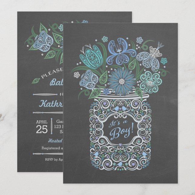 Invitation Chalkboard Lacy Mason Baby shower C'est un garçon (Devant / Derrière)