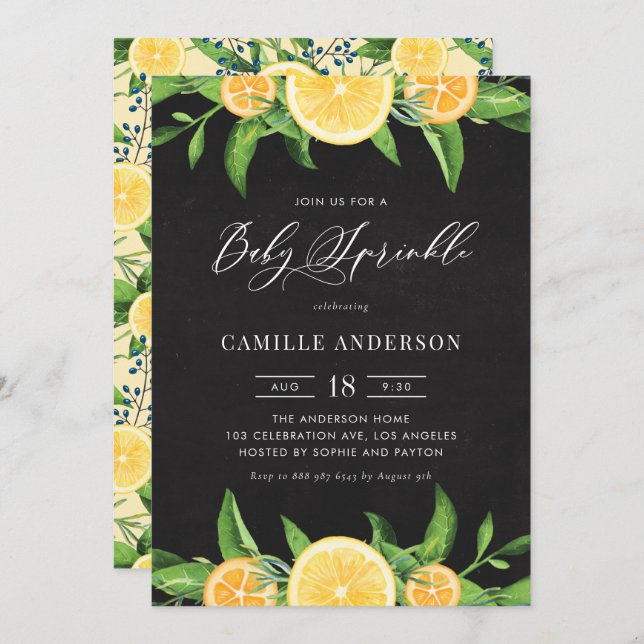 Invitation Chalkboard Lemons et Oranges Été Bébé Parsemer (Devant / Derrière)