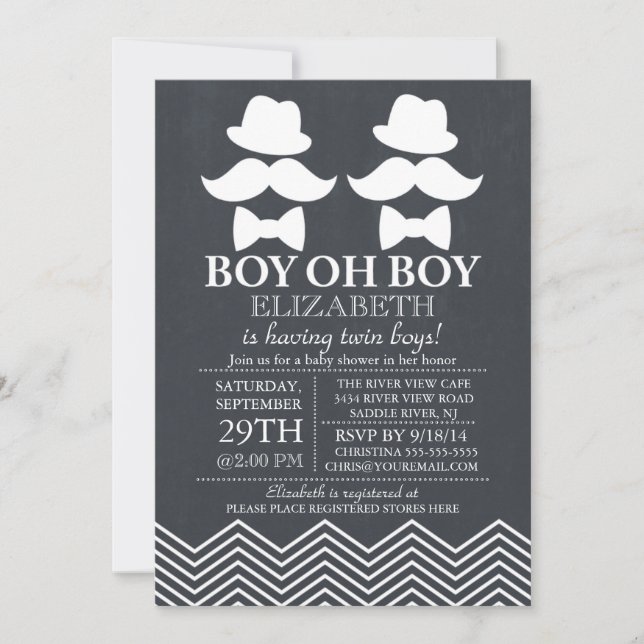 Invitation Chalkboard Little Man Mustache TWINS Baby shower (Devant)