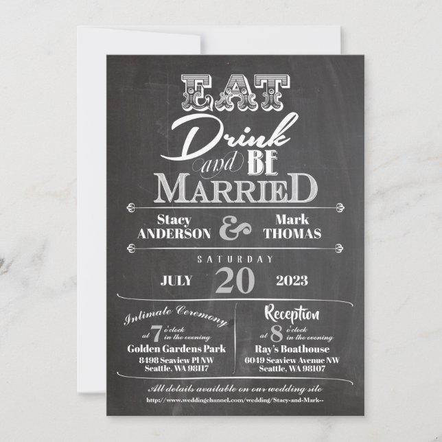 Invitation Chalkboard Manger Boire et être marié Mariage (Devant)
