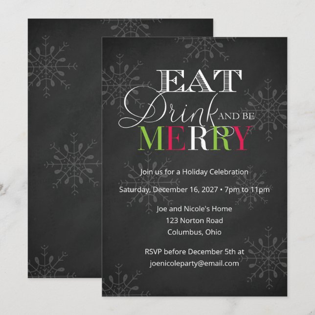 Invitation Chalkboard Mangez un verre et soyez joyeux Noël (Devant / Derrière)