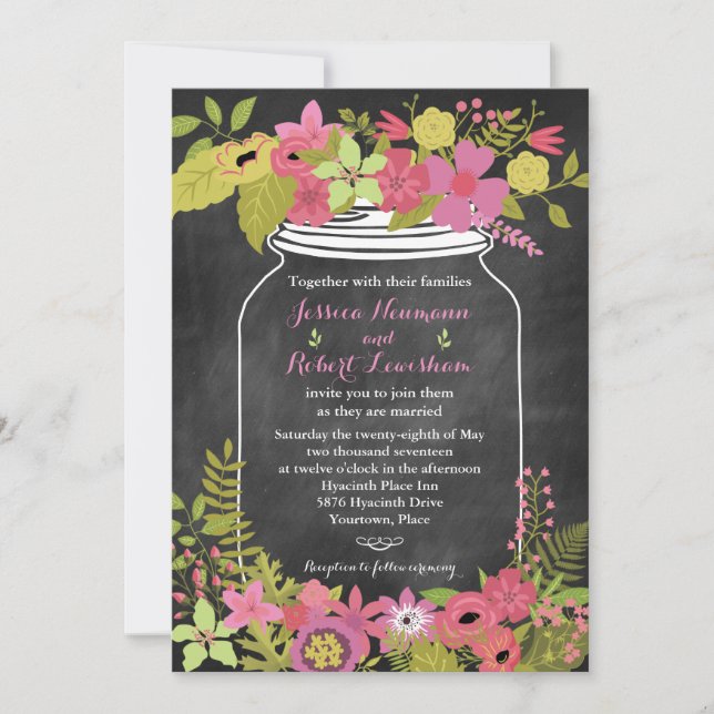 Invitation Chalkboard Mason Jar Coral rose Mariage floral (Devant)
