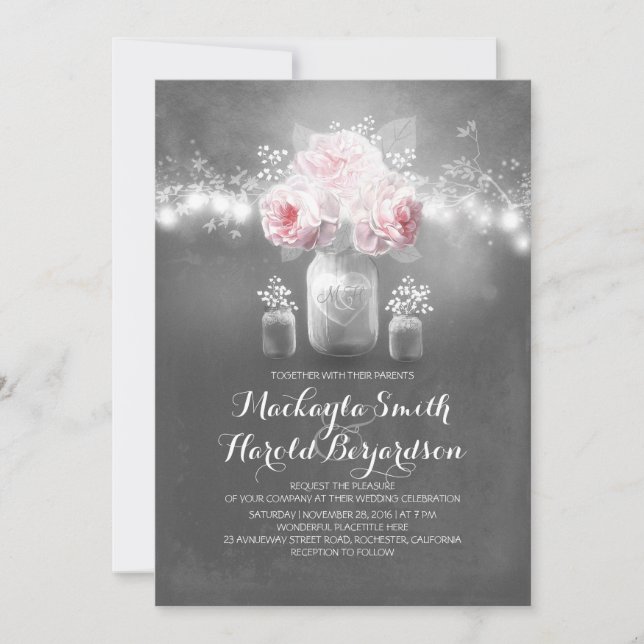 Invitation chalkboard mason jarre feux à cordes rustiques mar (Devant)