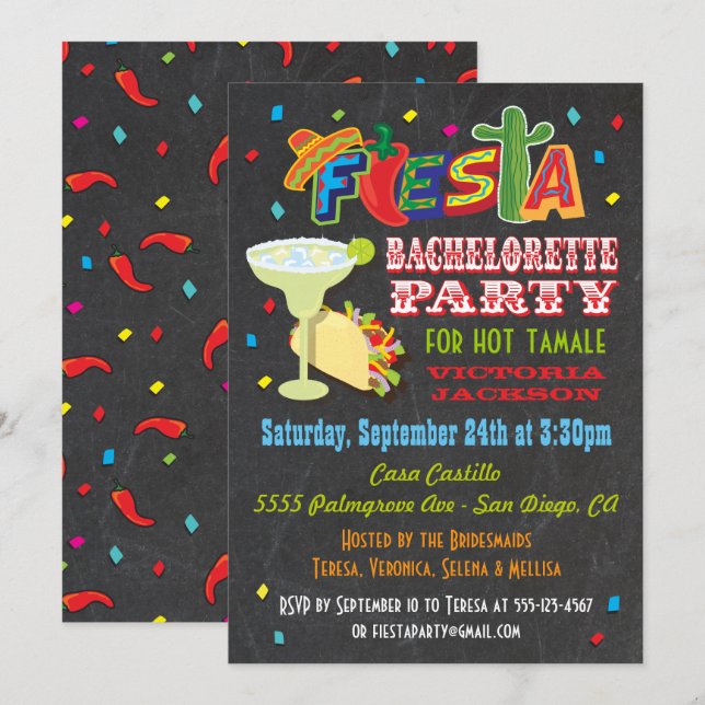 Invitation Chalkboard Mexicaine Fiesta Bachelorette (Devant / Derrière)