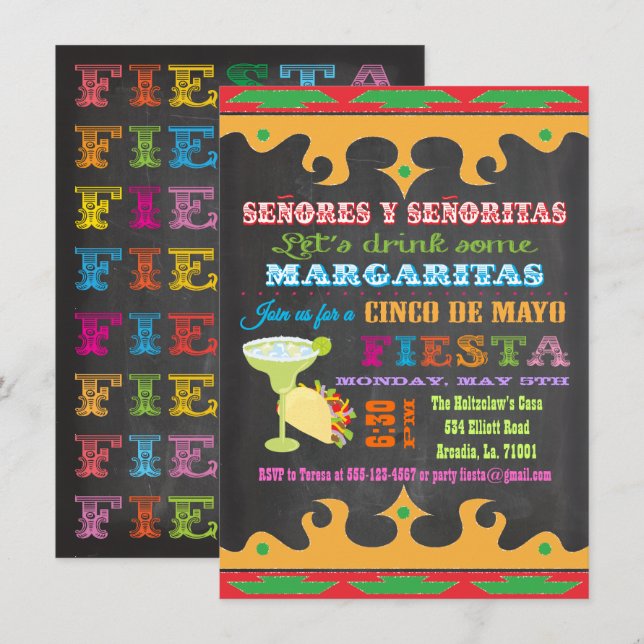 Invitation Chalkboard Mexicaine Fiesta Cinco de Mayo Invitati (Devant / Derrière)