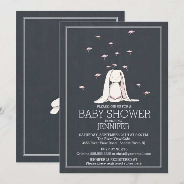 Invitation Chalkboard mignon Ressort rose fille lapin Baby sh (Devant / Derrière)