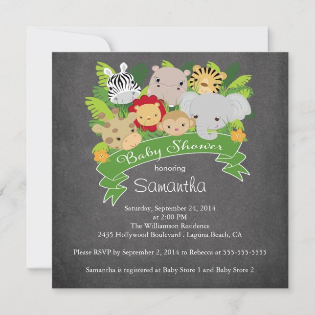 Invitation Chalkboard moderne Jungle Safari Baby shower anima (Devant)
