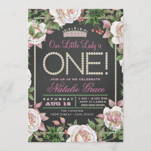 Invitation Chalkboard Pearls Little Lady 1er Anniversaire