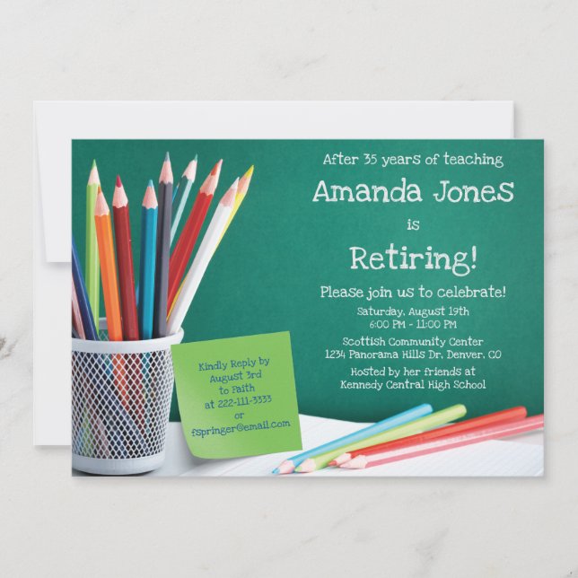 Invitation Chalkboard & Pencil Crayons Enseignant Retraite (Devant)