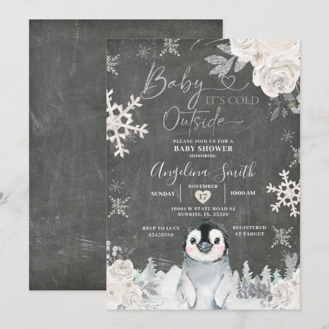 Invitation Chalkboard Penguin Flocon de neige Baby shower flo (Devant / Derrière)