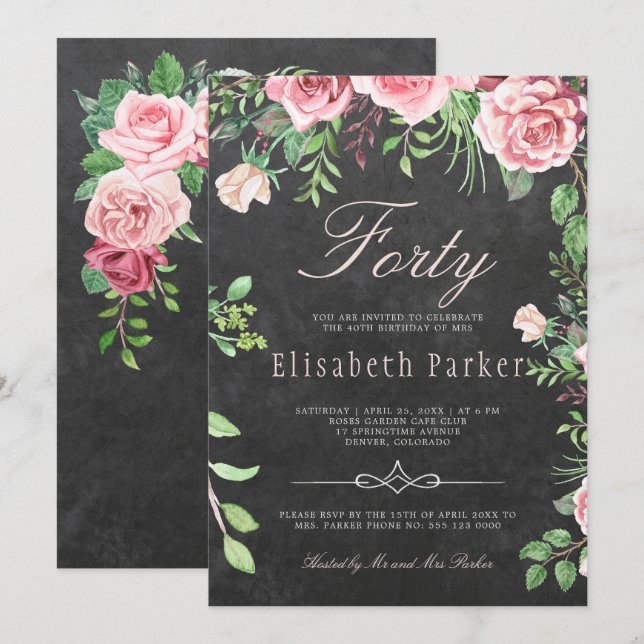 Invitation Chalkboard Pink Floral Garden 40e fête d'anniversa (Devant / Derrière)