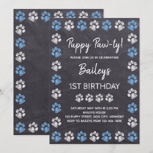 Invitation Chalkboard Puppy Pawty Blue Chien Anniversaire