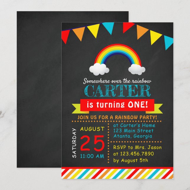 Invitation Chalkboard Rainbow fête d'anniversaire (Devant / Derrière)