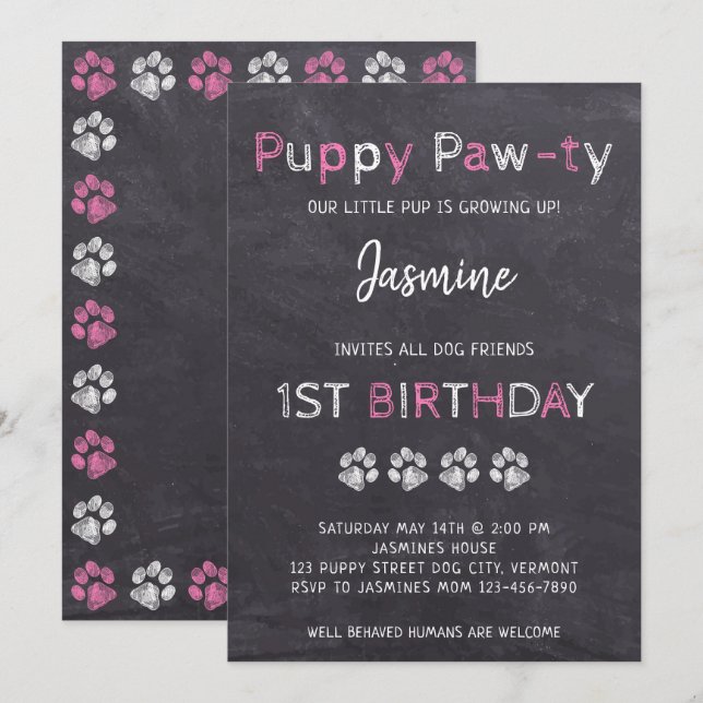 Invitation Chalkboard rose chiot chien pawty Anniversaire (Devant / Derrière)
