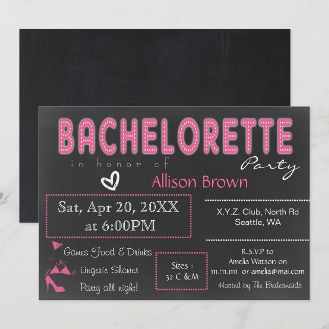 Invitation Chalkboard rose Lingerie Douche Bachelorette (Devant / Derrière)